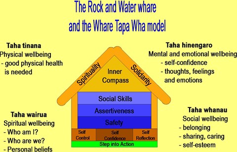 A diagram showing how the structure of the Rock and Water programme fits with the Whare Tapawha model